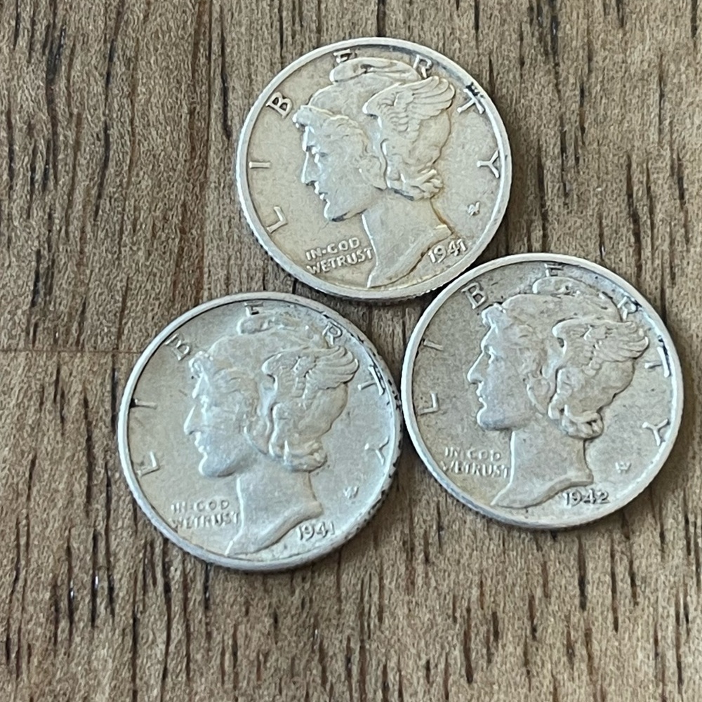 Mercury Dimes 1941-1942 Denver Mint Full Bands Fasces 90 Silver Lot Of 3 Coins